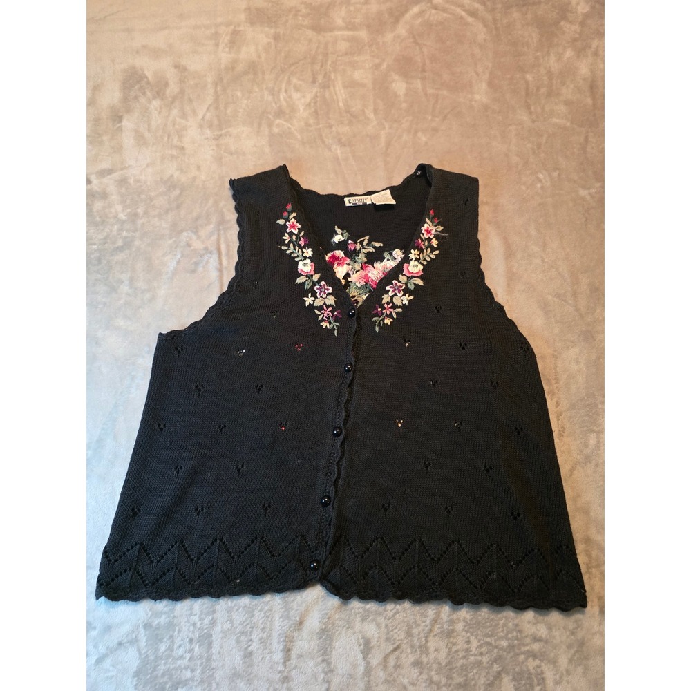 Capacity Knit Vest Women 1X Black Floral Embroidered Button Front Ramie Cotton